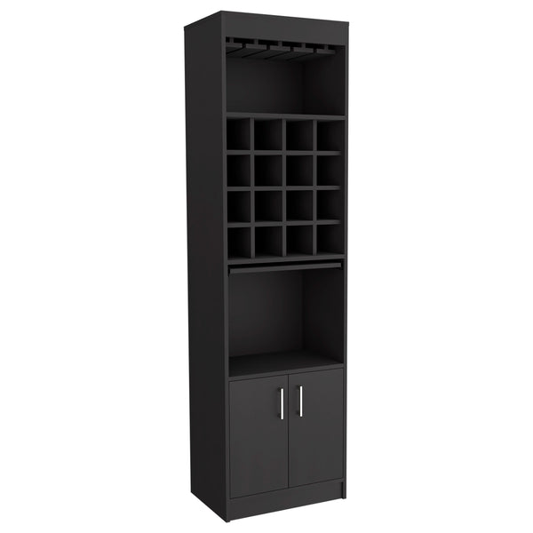 English Elm Kava Solid-Style Bar Cabinet with 16 Wine Slots, Glass Rack, Two Doors & Shelves in Black Finish B097S00177