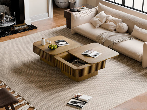 English Elm 31.5'' Square Wood Veneer Flip Top Storage Coffee Table with Slat Detail for Living Rooms Brown W1435P375248