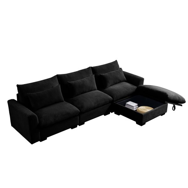 English Elm Corduroy L-Shaped Sectional Sofa With Storage Ottoman & 3 Pillows - Stylish Comfort For Any Space W714S00850