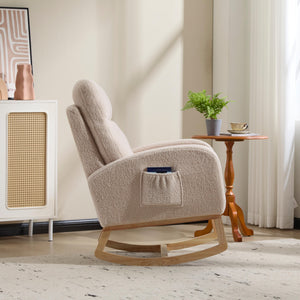 English Elm Modern Upholstered Glider Rocker with Teddy Fabric High Back and Rubberwood Base Beige W3723P409073