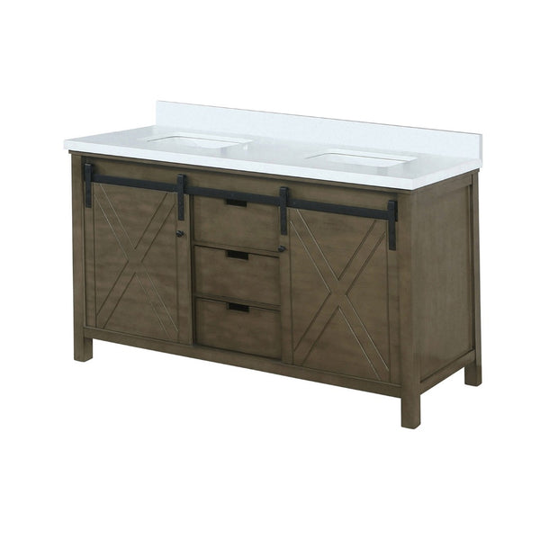 English Elm Rustic Brown Double Bath Vanity 60" W X 22" D With White Quartz Top - Stylish Storage & Charm B2731P260052-GIGA