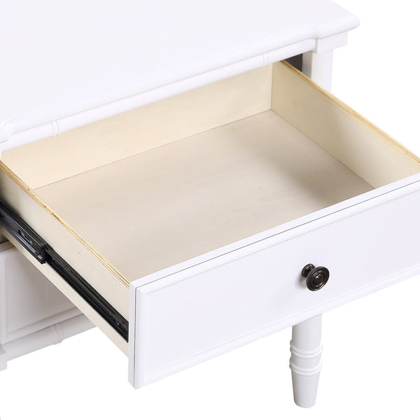 English Elm Emmett carved bamboo nightstand with 2 full‑extension drawers, brass knobs and floor‑protecting glides White B050P376943