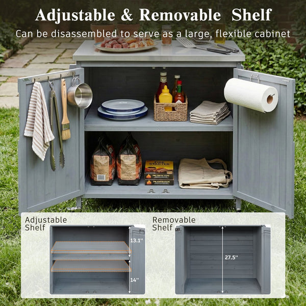 English Elm K&k Rolling Outdoor Kitchen Island Solid Fir Wood Stainless Steel Top Storage Cabinet Grey+Blue N707P370287G