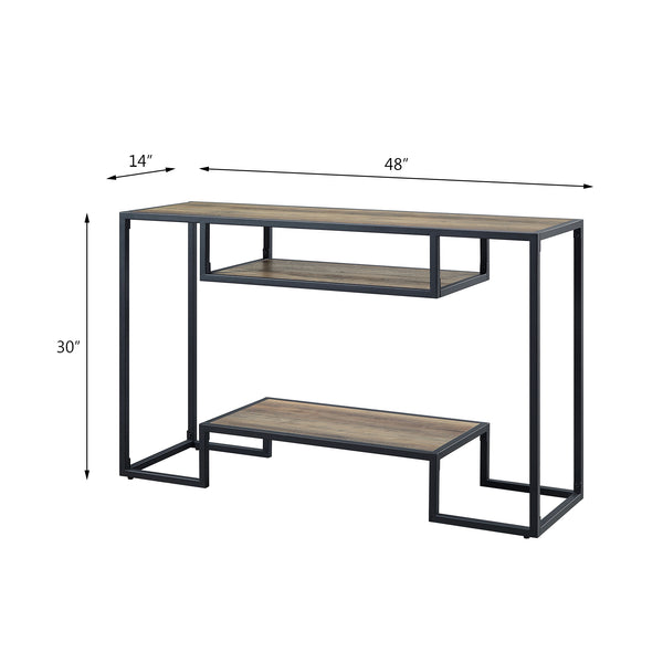 English Elm Idella Rustic Oak Sofa Table with Black Metal Frame, 2 Storage Shelves, Industrial KD Design B2726P272322