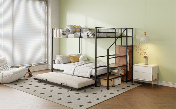 English Elm Twin Metal Bunk Bed with Trundle, Lateral Storage Ladder & Wardrobe | Space-Saving Durable Design Black SF000173AAB