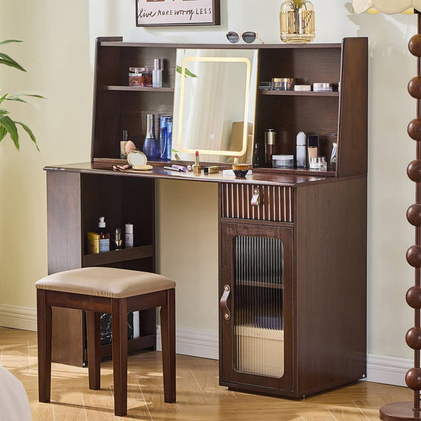 English Elm Elegant Walnut Makeup Vanity with Sliding 3-Color LED Mirror, Large Shelves, Fluted Drawer & Cabinet N844P257533W