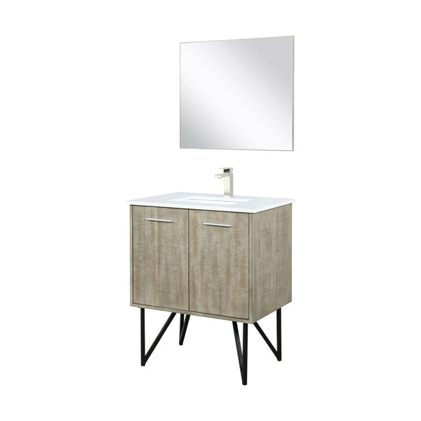 English Elm Rustic Acacia Bath Vanity Set With White Quartz Top, Brushed Nickel Faucet & Matching Mirror For Style B2731S01927-GIGA
