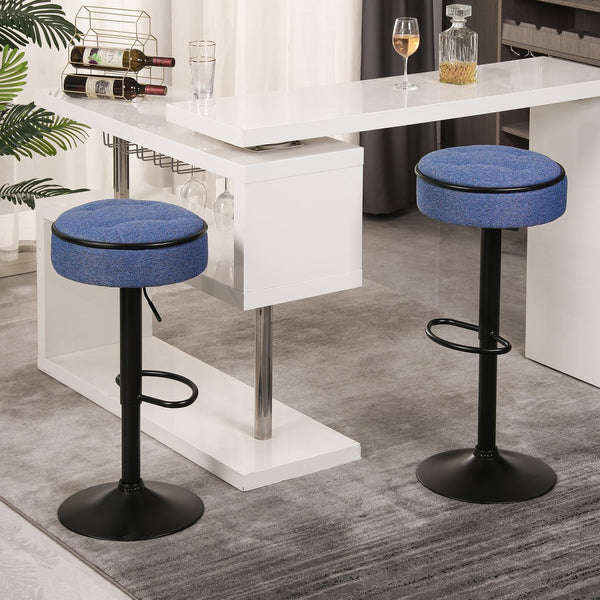 English Elm Round Storage Bar Stool with Hidden Lift Storage, Height Adjustable 28–36" Swivel Seat for Home Blue W2200P196799