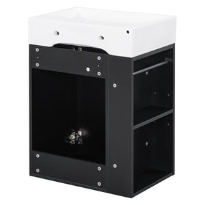 English Elm 20 Modern Wall-Mounted Bathroom Vanity with Ceramic Sink, Diamond Door, Gold Handles & Shelves — Compact Black N725P314033B