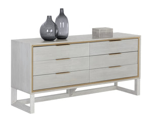 Sunpan Cordoba Dresser - Rustic Oak Elegance with Six Drawers, Pearl River Grey Finish & Gold Hardware