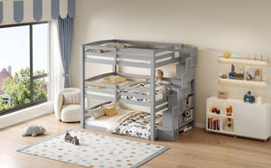 English Elm Full Size Triple Bunk Bed Solid Pine Frame with Storage Staircase Separate Convertible Design Gray N7090000477E