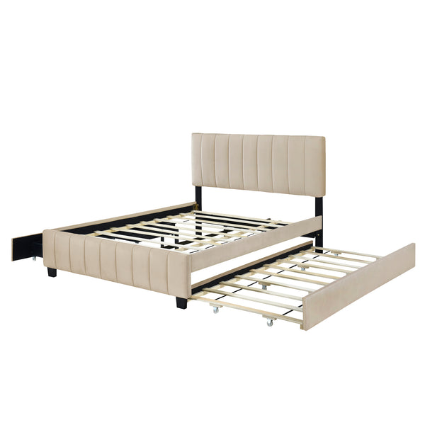 English Elm Queen Tufted Velvet Platform Bed with Storage Drawers and Pull Out Trundle Beige LP000714AAA-1