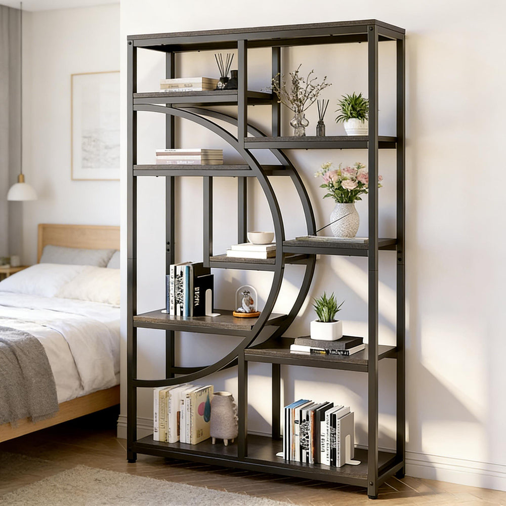 English Elm Geometric Nine Shelf Iron Frame Bookcase Rustic Industrial Freestanding Display Tower T3971P448087