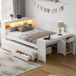 English Elm Full Size Pine Wood Platform Daybed with Led Headboard Desk Storage and Charging White N7090000475K-1