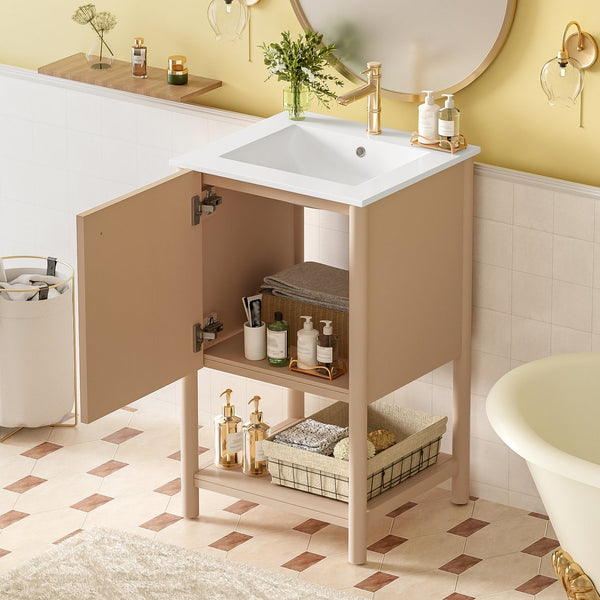 English Elm 20-inch French Style Bathroom Vanity with Integrated Ceramic Sink, Carved Accents & Soft-Close Door Cream White N710P330975Y