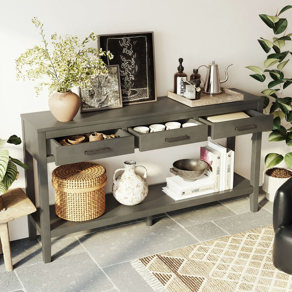 English Elm U_Style 62.2'' Farmhouse Console Table With 3 Drawers, Bottom Shelf & Iron Handles For Home Decor N711P234485E-GIGA