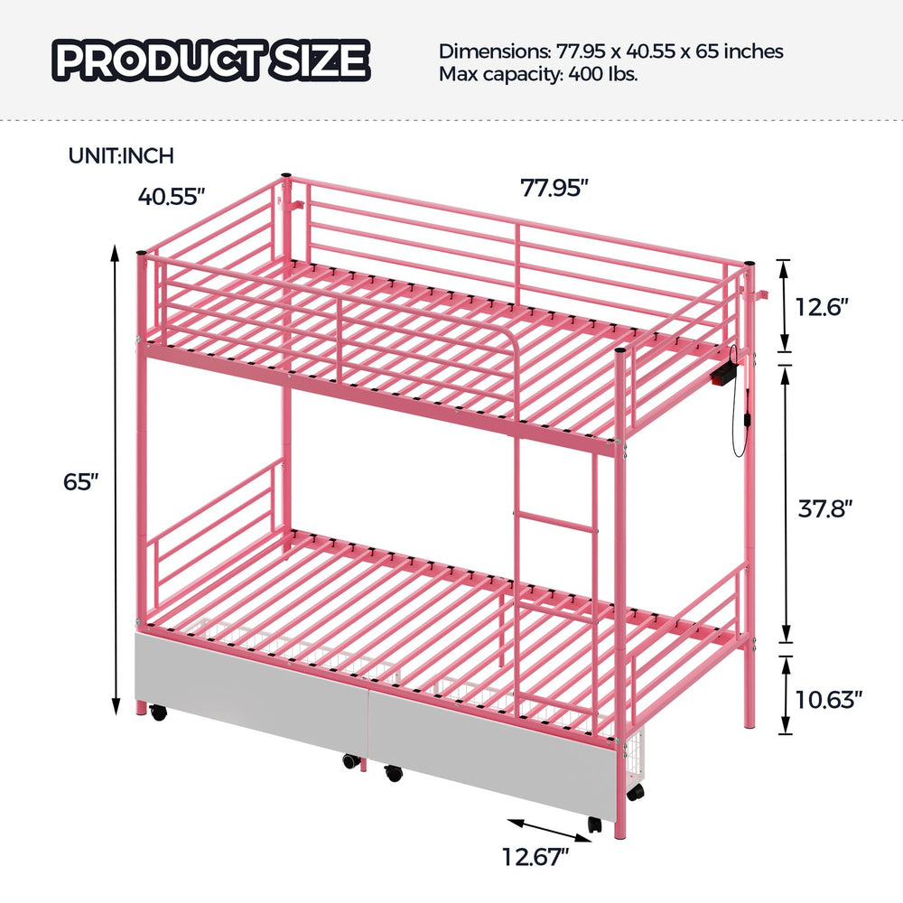 English Elm Bunk Bed Twin Iron Frame with Usb Charging Built in Guardrail and Convertible Design W3752P430826