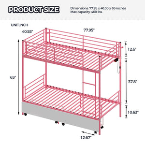 English Elm Bunk Bed Twin Iron Frame with Usb Charging Built in Guardrail and Convertible Design W3752P430826
