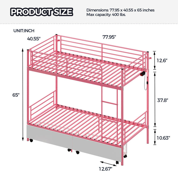 English Elm Bunk Bed Twin Iron Frame with Usb Charging Built in Guardrail and Convertible Design W3752P430826