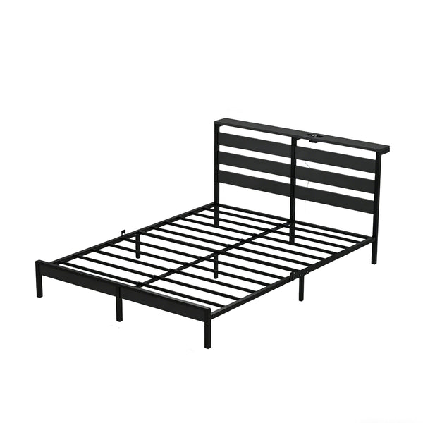 English Elm Full Size Platform Bed with Wood Headboard Led Lighting and Usb Charging Storage W311P416241