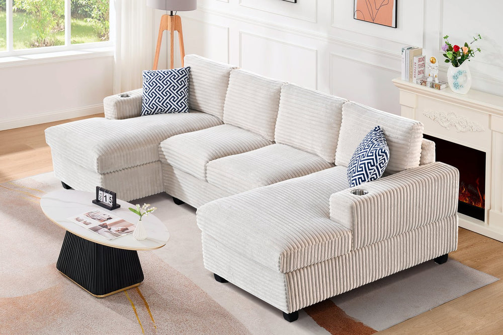 English Elm Multifunctional Corduroy Modular Sectional with Dual Chaise Cup Holders Living Room Beige B2730S00073