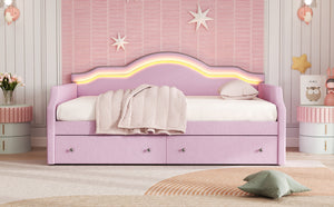 English Elm Full Size Upholstered Daybed With Led Lighting & 2 Storage Drawers, Stylish Pink Velvet Design N7500001852H