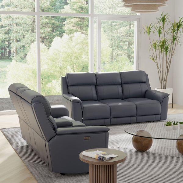 English Elm Oslo Genuine Leather Power Reclining Sofa Set with Usb Charging and Swivel Glider Sapphire Blue B339S00006