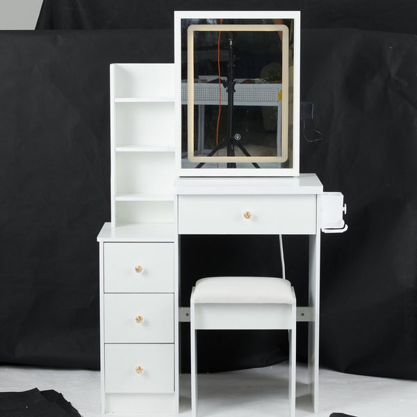 English Elm 29.2" Compact Bedside Vanity Set With Led Mirror, Power Station, Cushioned Stool & Hair Dryer Bracket W3258P287970