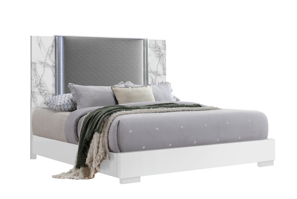 English Elm MOON Modern Queen 5PC Bedroom Set with LED Accent Lighting, Solid Wood & MDF, Spacious Drawers White Marble 29 L x 22 W x 22 H B201S00317