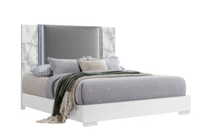 English Elm MOON Modern Queen 5PC Bedroom Set with LED Accent Lighting, Solid Wood & MDF, Spacious Drawers White Marble 29 L x 22 W x 22 H B201S00317