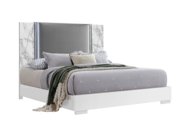 English Elm MOON Modern Queen 5PC Bedroom Set with LED Accent Lighting, Solid Wood & MDF, Spacious Drawers White Marble 29 L x 22 W x 22 H B201S00317