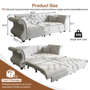 English Elm 83.8" Chesterfield Sleeper Sofa Velvet Upholstered with Flower Tufting for Living Room Light Grey W1885S00401