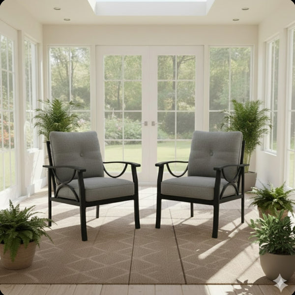 English Elm Set of 2 Outdoor Steel Armchairs Powder Coated Matte Frame with Cushioned Patio Seating Black+ Gray B082P455145