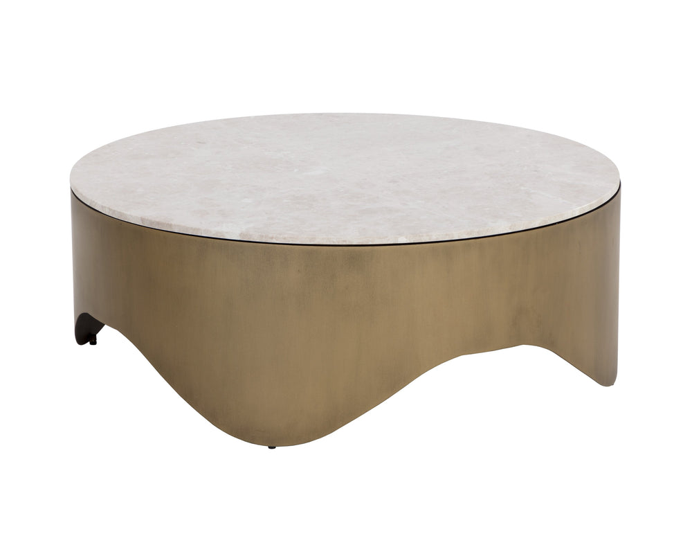Sunpan Guinevere Coffee Table - Handcrafted Crema Marble Top with Curvy Antique Brass Iron Base, Unique Design