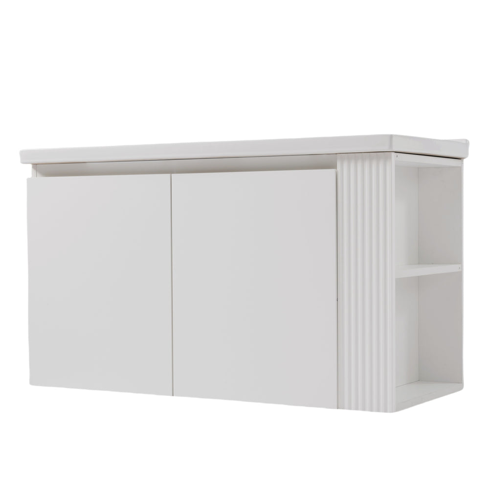 English Elm Christopher Knight Home® - 36" Modern Wall-Mounted Bathroom Vanity with Ceramic Sink, Soft-Close Doors, Fluted Accent & Open Shelves White N817P245322W