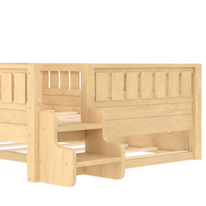 English Elm Twin Kids Platform Bed with Trundle Staircase Bookshelf and Rounded Safety Rails Light Natural W1580S00560