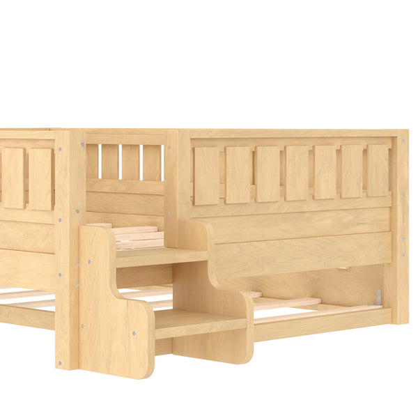 English Elm Twin Kids Platform Bed with Trundle Staircase Bookshelf and Rounded Safety Rails Light Natural W1580S00560