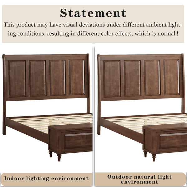 English Elm Queen Sleigh Bed Solid Rubberwood Walnut Finish Curved Headboard Footboard Storage Bench W1716S00034