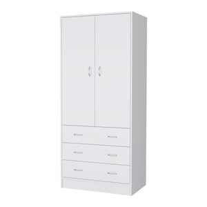 English Elm FM FURNITURE Prescott Armoire White - Elegant 2-Door Wardrobe with Hanging Rod, 3 Drawers, Durable Design B128S00061