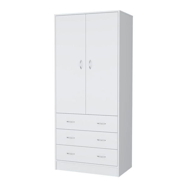 English Elm FM FURNITURE Prescott Armoire White - Elegant 2-Door Wardrobe with Hanging Rod, 3 Drawers, Durable Design B128S00061