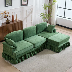 English Elm 103.15'' Chenille L-shaped Sectional Sofa with Detachable Pleated Skirt and Ottoman Green W3612S00046