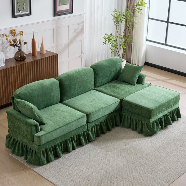 English Elm 103.15'' Chenille L-shaped Sectional Sofa with Detachable Pleated Skirt and Ottoman Green W3612S00046