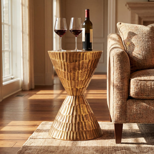 English Elm 13.78 Inch Handmade Mgo Geometric Side Table Gold Metallic Accent for Indoor Outdoor N772P390771C