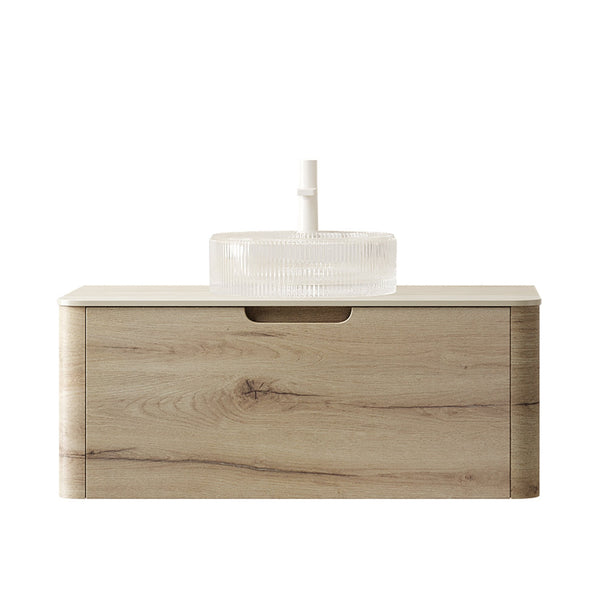 English Elm XAI 36'' Wall Mounted Cabinet without Basin, One Drawer, Curved Woodgrain Design, Soft-Close Quiet Operation W2615P330826