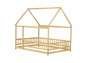 English Elm Twin House Shaped Floor Bed Solid Rubberwood Frame with Guardrails for Kids W504P370560