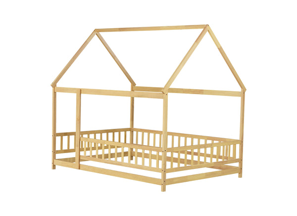 English Elm Twin House Shaped Floor Bed Solid Rubberwood Frame with Guardrails for Kids W504P370560