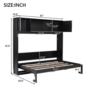 English Elm Full Murphy Bed with Storage Cabinets and Shelves, Space-Saving Wooden Wall Bed with 600lb Capacity Black N7090004009B