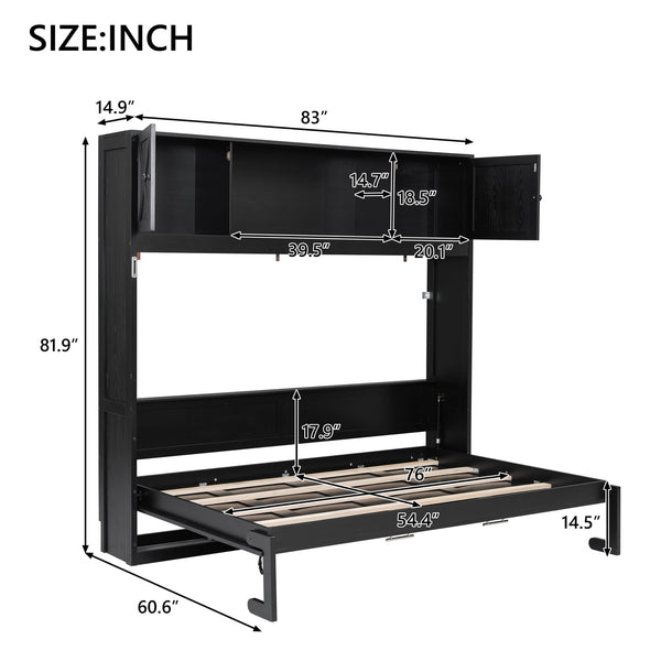 English Elm Full Murphy Bed with Storage Cabinets and Shelves, Space-Saving Wooden Wall Bed with 600lb Capacity Black N7090004009B