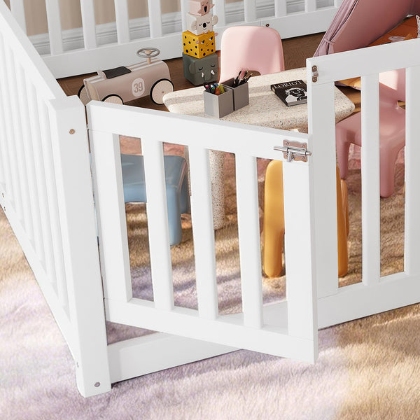 English Elm Twin Floor Bed Pine Wood Frame with Guardrails and Door for Safe Toddler Sleep Light White W1580P417670
