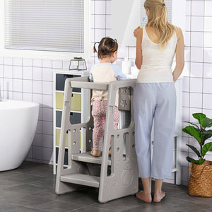 English Elm Qaba Toddler Tower Adjustable Height Kitchen & Bath Step Stool with Handrails, Anti-Slip Pads, Gray W2225P217327